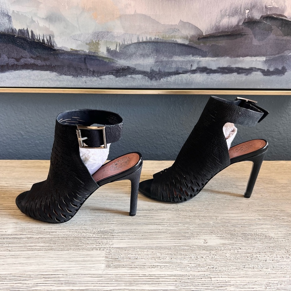 Vince Camuto Kayjay Black Leather Open-Toe Heels - Picture 2 of 9